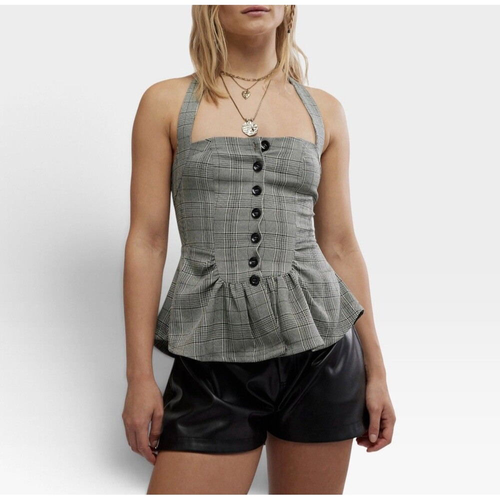 NWT Free People Anastasia Gray Plaid Peplum Halter Tie Top Size Small NEW $128